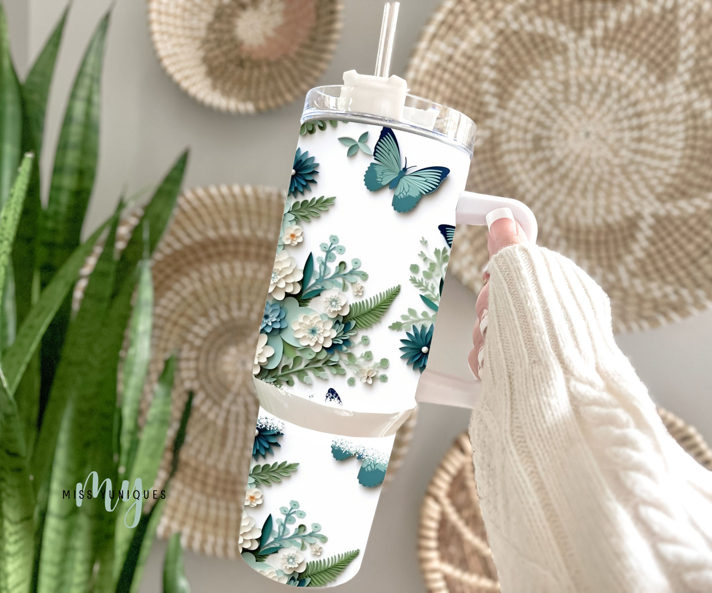 Personalised 40oz Tumbler Blue Floral With Butterfly