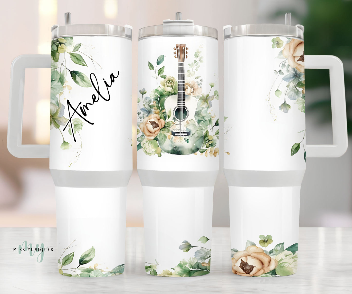 Personalised 40oz Tumbler Guitar Green Floral