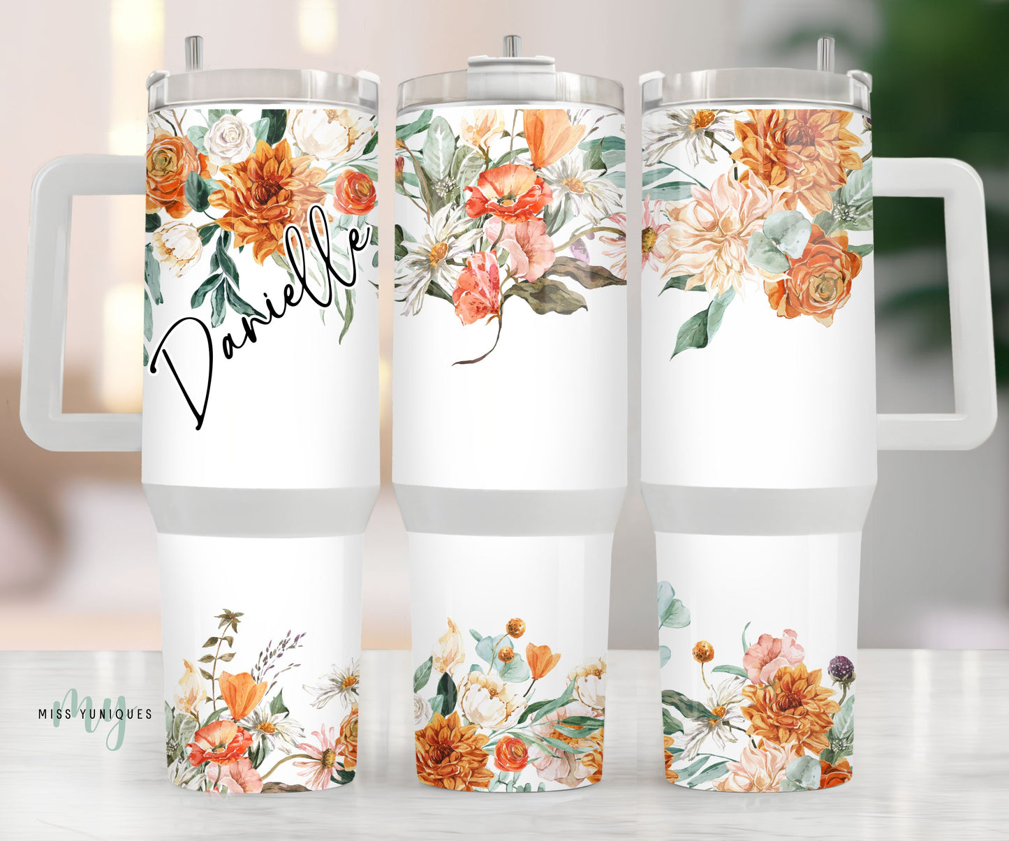 Personalised 40oz Tumbler Orange Floral