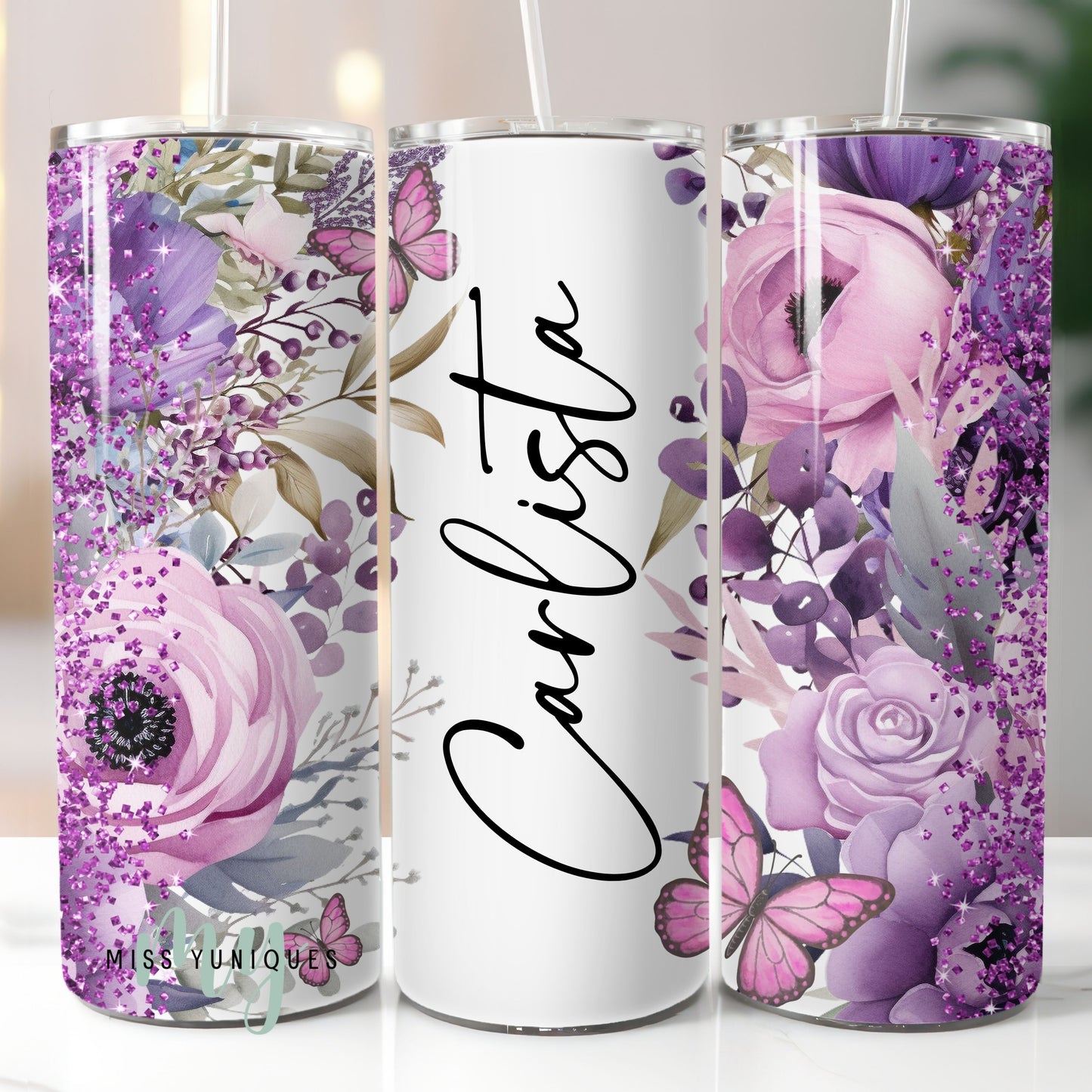 Personalised Purple Floral 20oz Skinny Tumbler