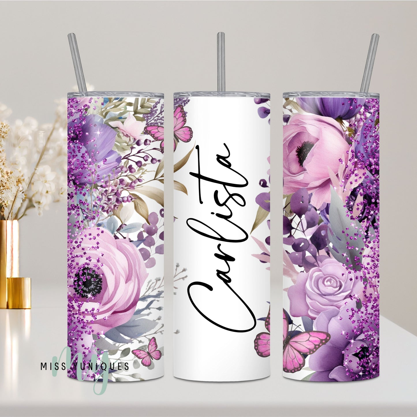 Personalised Purple Floral 20oz Skinny Tumbler