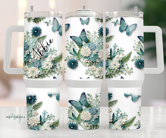 Personalised 40oz Tumbler Blue Floral With Butterfly