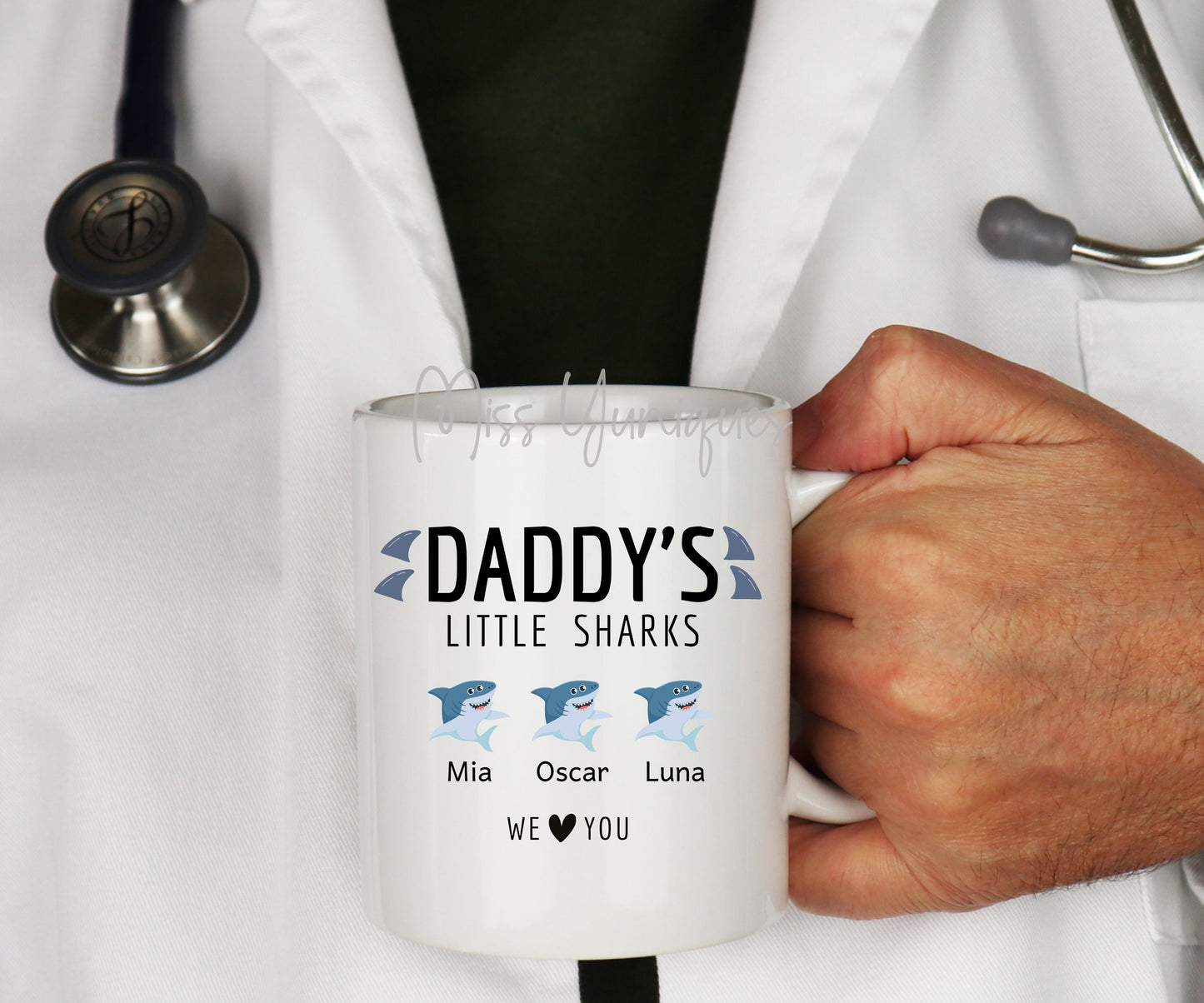 Father's Day Mug. Daddy's Little Sharks White Ceramic Mug