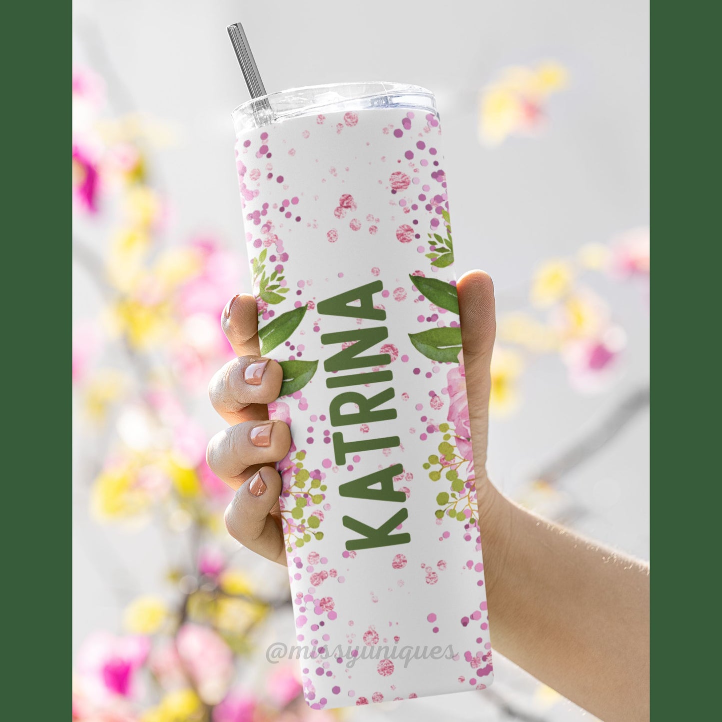 Personalised Green Flower Tumbler