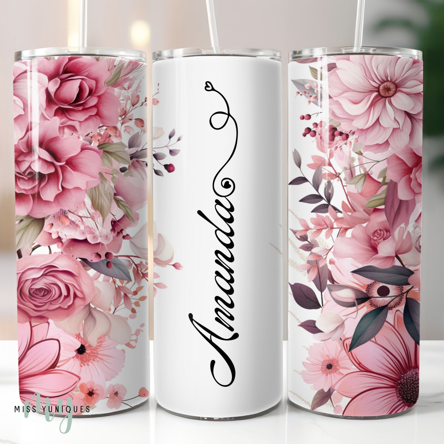 Personalised Pink Floral Flower Tumbler