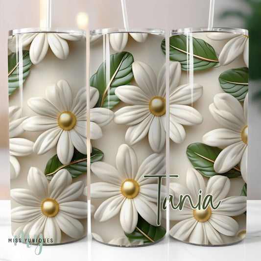 Personalised Green White Floral Flower Tumbler