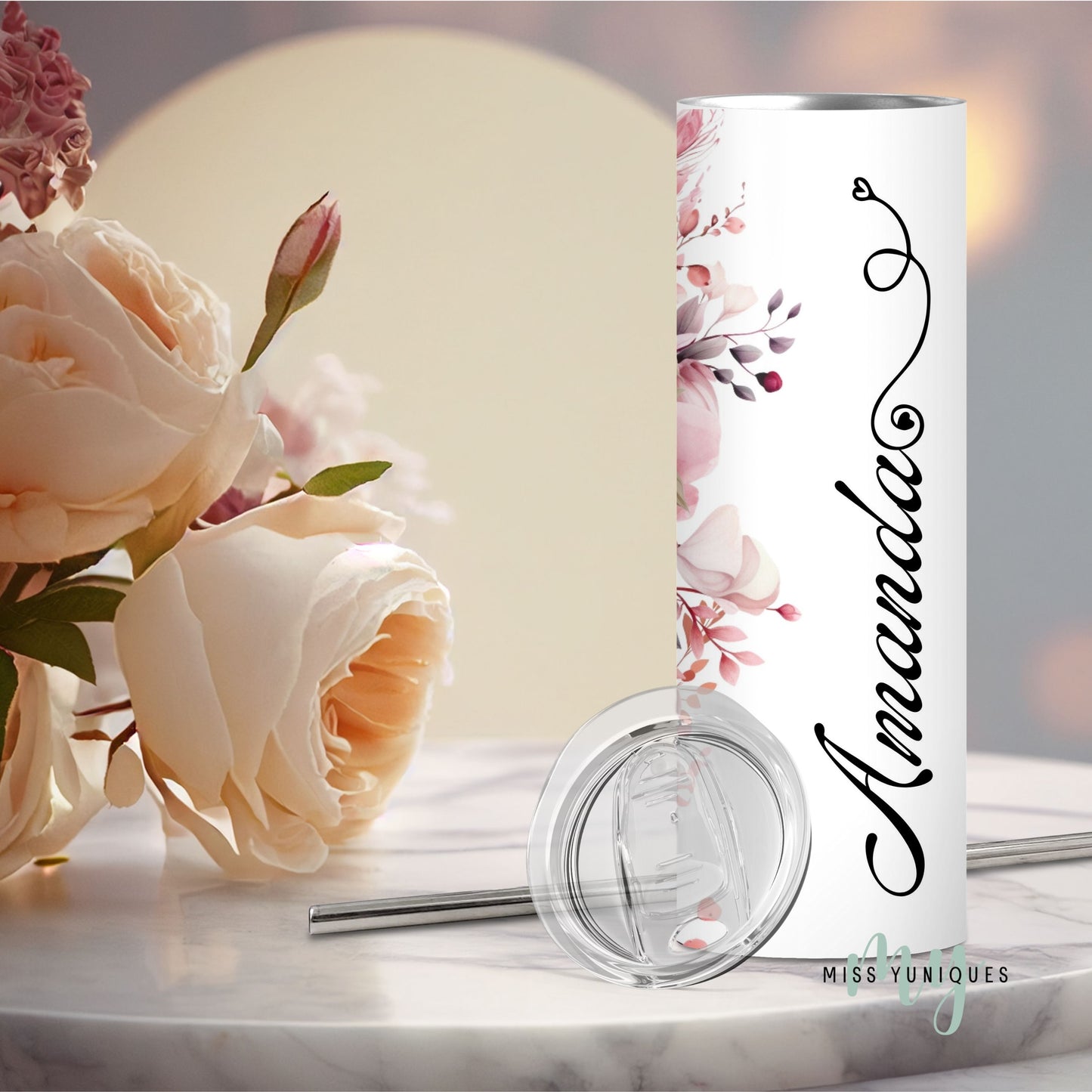 Personalised Pink Floral Flower Tumbler