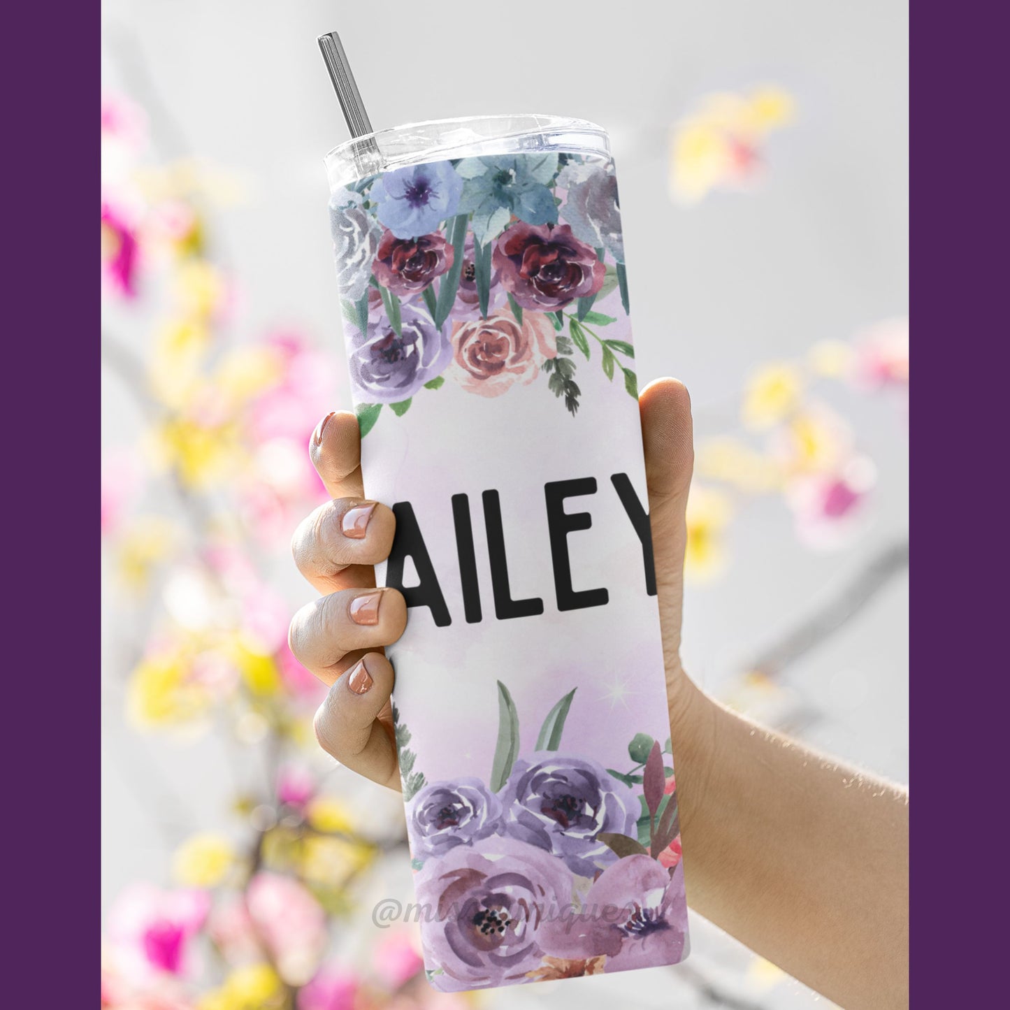 Personalised Purple Flower Tumbler