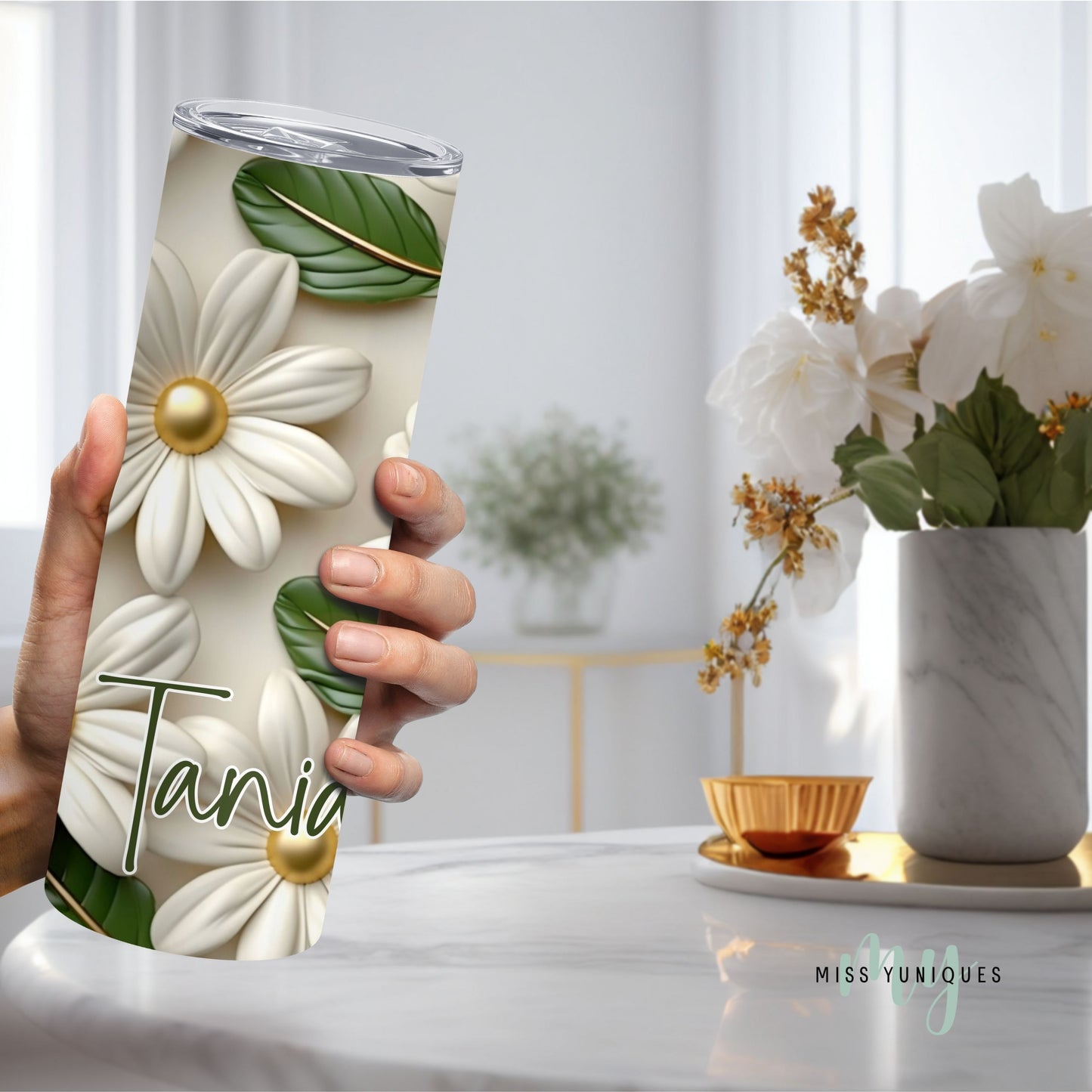 Personalised Green White Floral Flower Tumbler