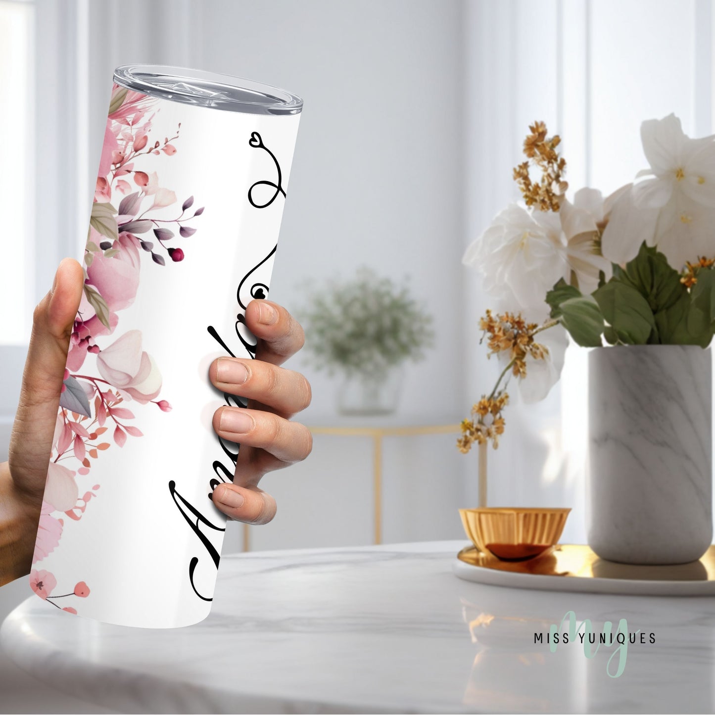 Personalised Pink Floral Flower Tumbler