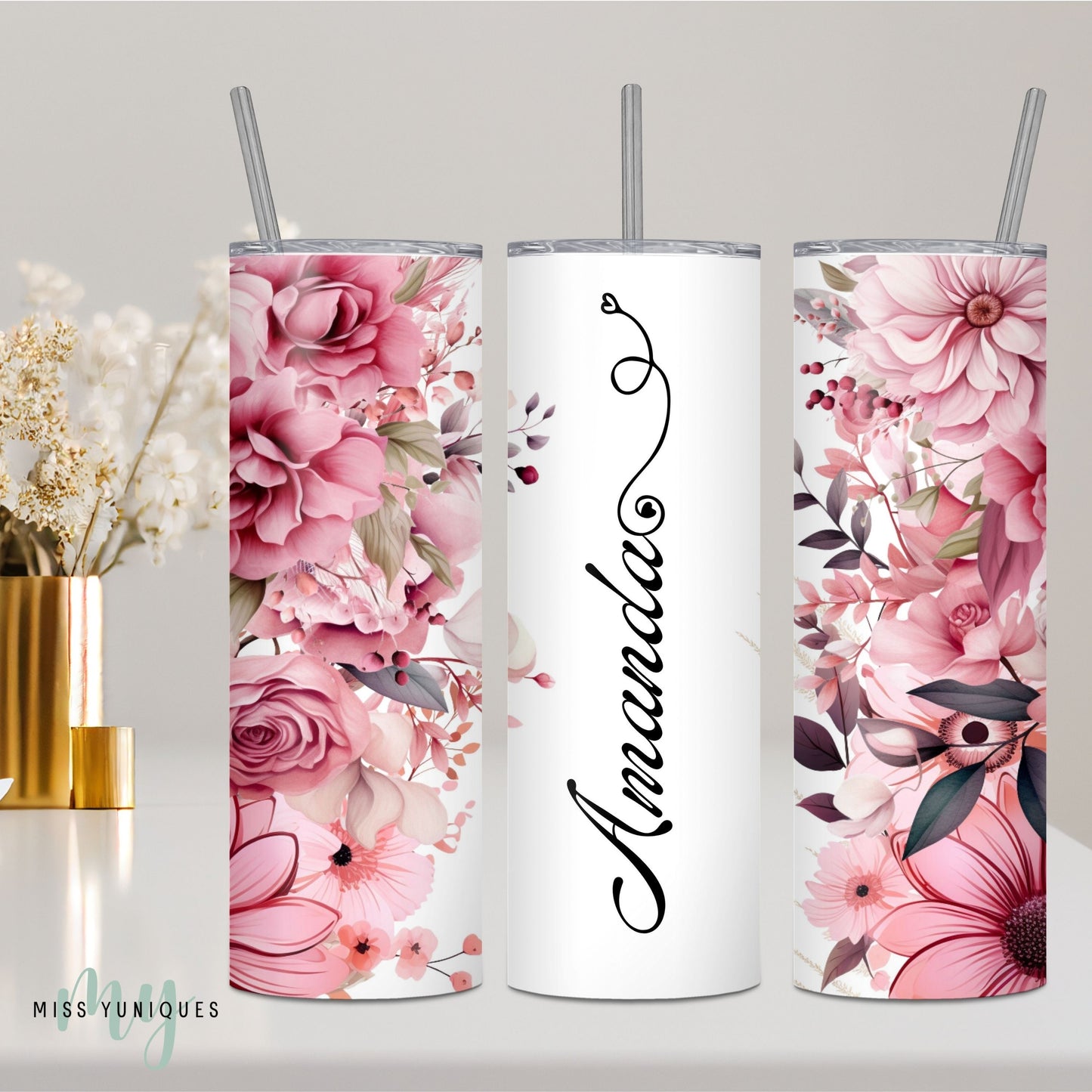 Personalised Pink Floral Flower Tumbler