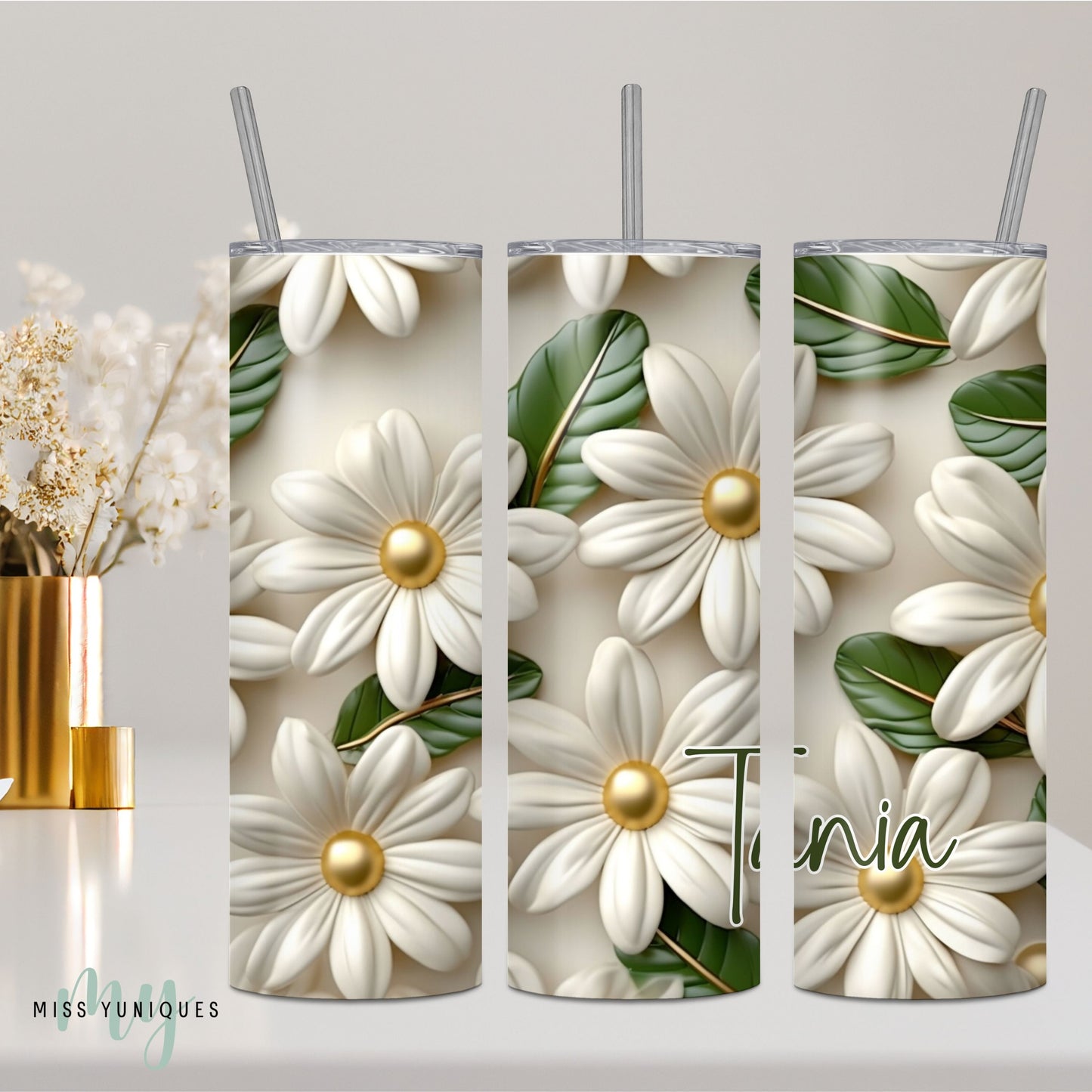 Personalised Green White Floral Flower Tumbler