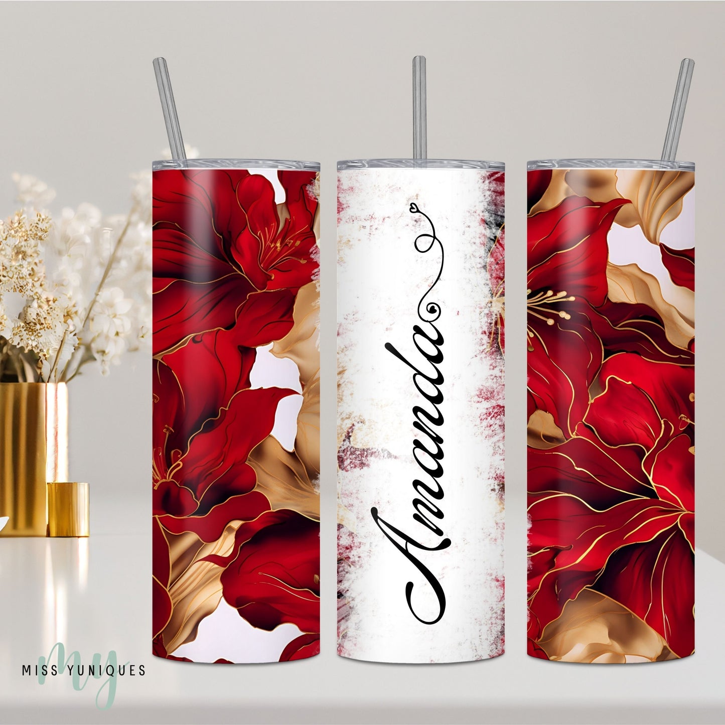 Personalised Red Floral Flower Tumbler