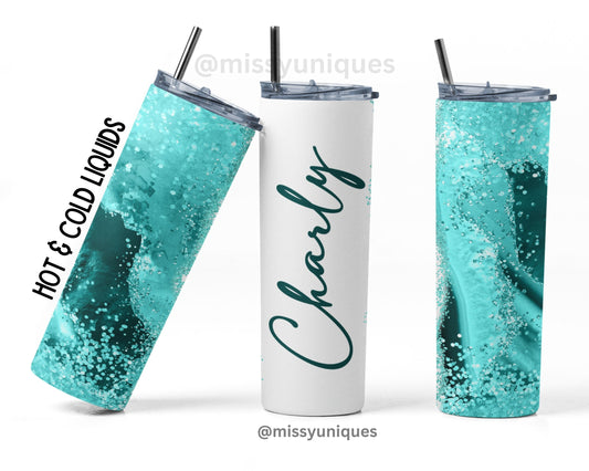 Personalised Blue Turquoise Glitter Tumbler