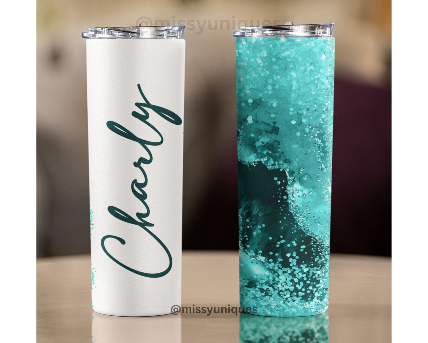 Personalised Blue Turquoise Glitter Tumbler